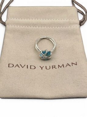 David Yurman Chatelaine Ring 8mm Blue Topaz & Diamonds 925, Size 7 BEAUTIFUL!